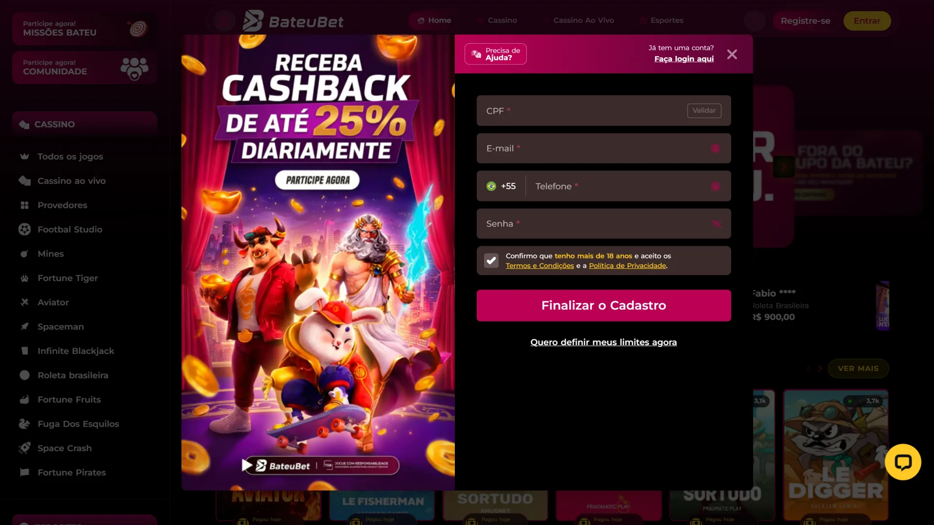 Cadastro na BateuBet — criar conta